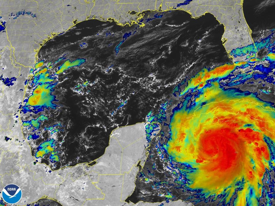 satellite image colorful infrared shows red hurrican ian approaching florida