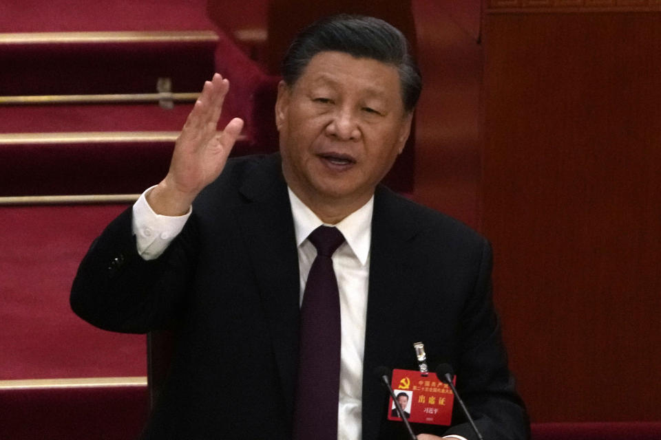 Chinese President Xi Jinping attends the closing ceremony of the 20th National Congress of China's ruling Communist Party at the Great Hall of the People in Beijing, Saturday, Oct. 22, 2022. (AP Photo/Ng Han Guan)