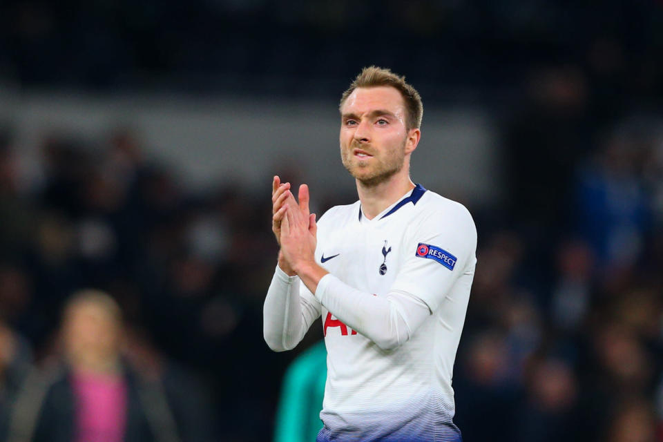 LONDON, ENGLAND - APRIL 30: Christian Eriksen of Tottenham Hotspur looks dejected as he acknowledges the fans after the UEFA Champions League Semi Final first leg match between Tottenham Hotspur and Ajax at the Tottenham Hotspur Stadium on April 30, 2019 in London, England. (Photo by Craig Mercer/MB Media/Getty Images)