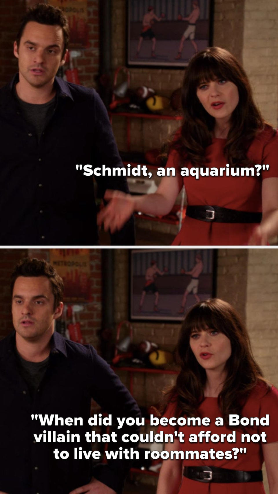 Jess asks, Schmidt, an aquarium, when did you become a Bond villain that couldn't afford not to live with roommates