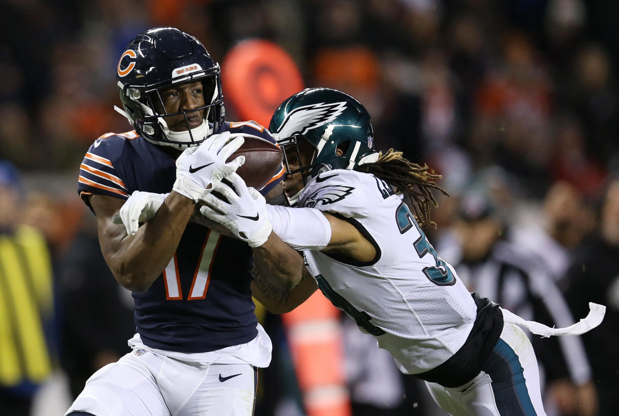 Anthony Miller caught and fumbled a pass, but when nobody recovered it, confusion ruled on replay. (Getty)