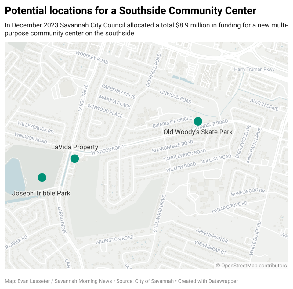 There are three properties currently under consideration for a new southside community center: the former Woody's Skate Park, Joseph Tribble Park, and a city-owned lot next to LaVida Golf Club.