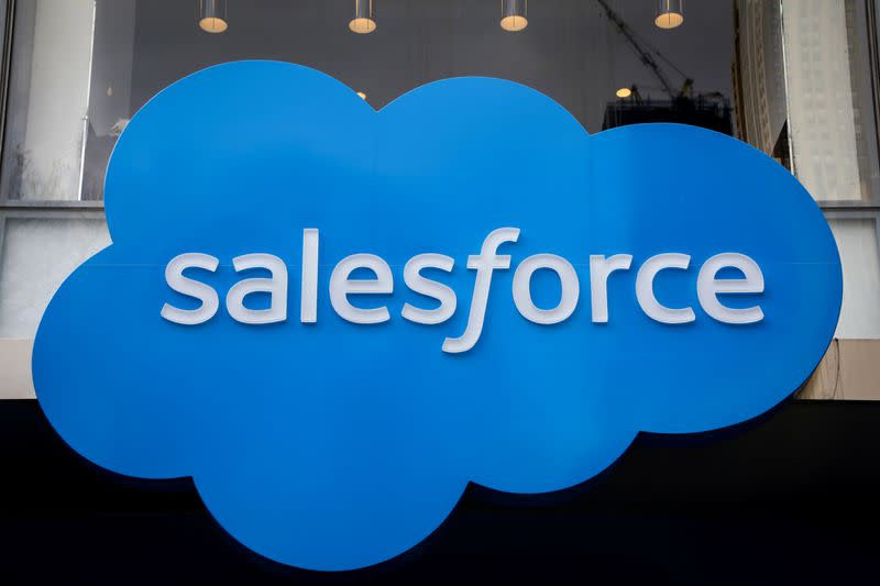 FILE PHOTO: The company logo for Salesforce.com is displayed on the Salesforce Tower in New York