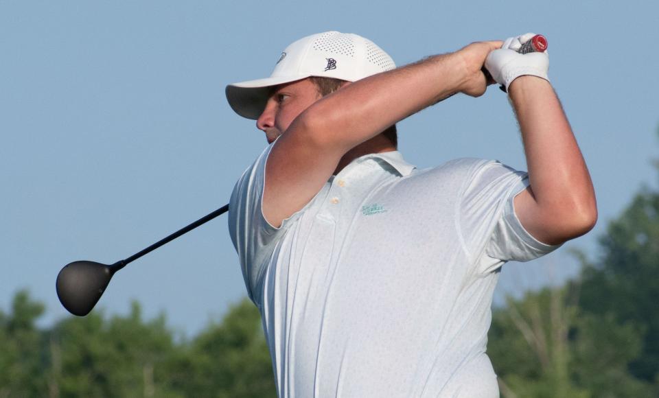 Jason Bannister tees off the second hole of Cascades Golf Course in the Bloomington City Golf Tournament on July 9, 2023.