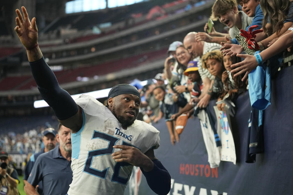 Tennessee Titans running back Derrick Henry leaves the field after the Titans beat the Houston Texans in an NFL football game Sunday, Oct. 30, 2022, in Houston. (AP Photo/Eric Gay)