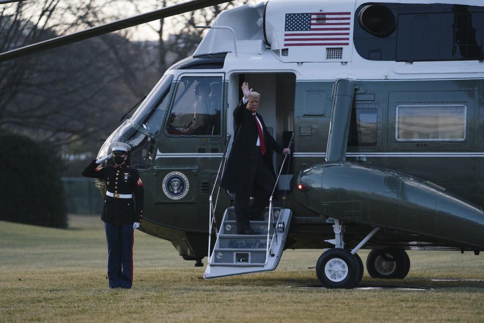 washington, dc january 20 president donald trump boards marine one as he departs the white house on january 20, 2021 in washington, dc trump is making his scheduled departure from the white house for florida, several hours ahead of the inauguration ceremony for his successor joe biden, making him the first president in more than 150 years to refuse to attend the inauguration photo by eric thayergetty images