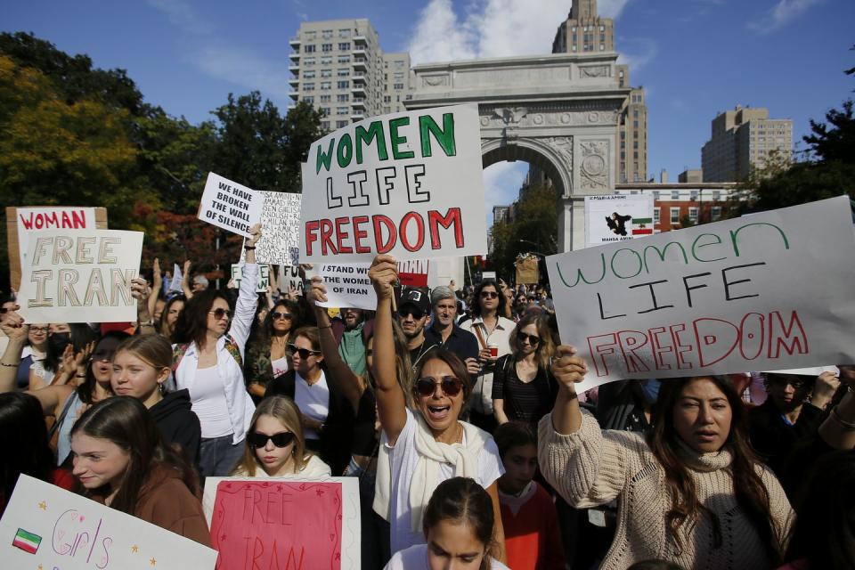 new york, new york   october 15 people shout slogans during a woman life freedom protest vs iran on october 15, 2022 in new york city woman life freedommahsa amini protest in support of basic human rights for the people of iran photo by leonardo munozviewpress