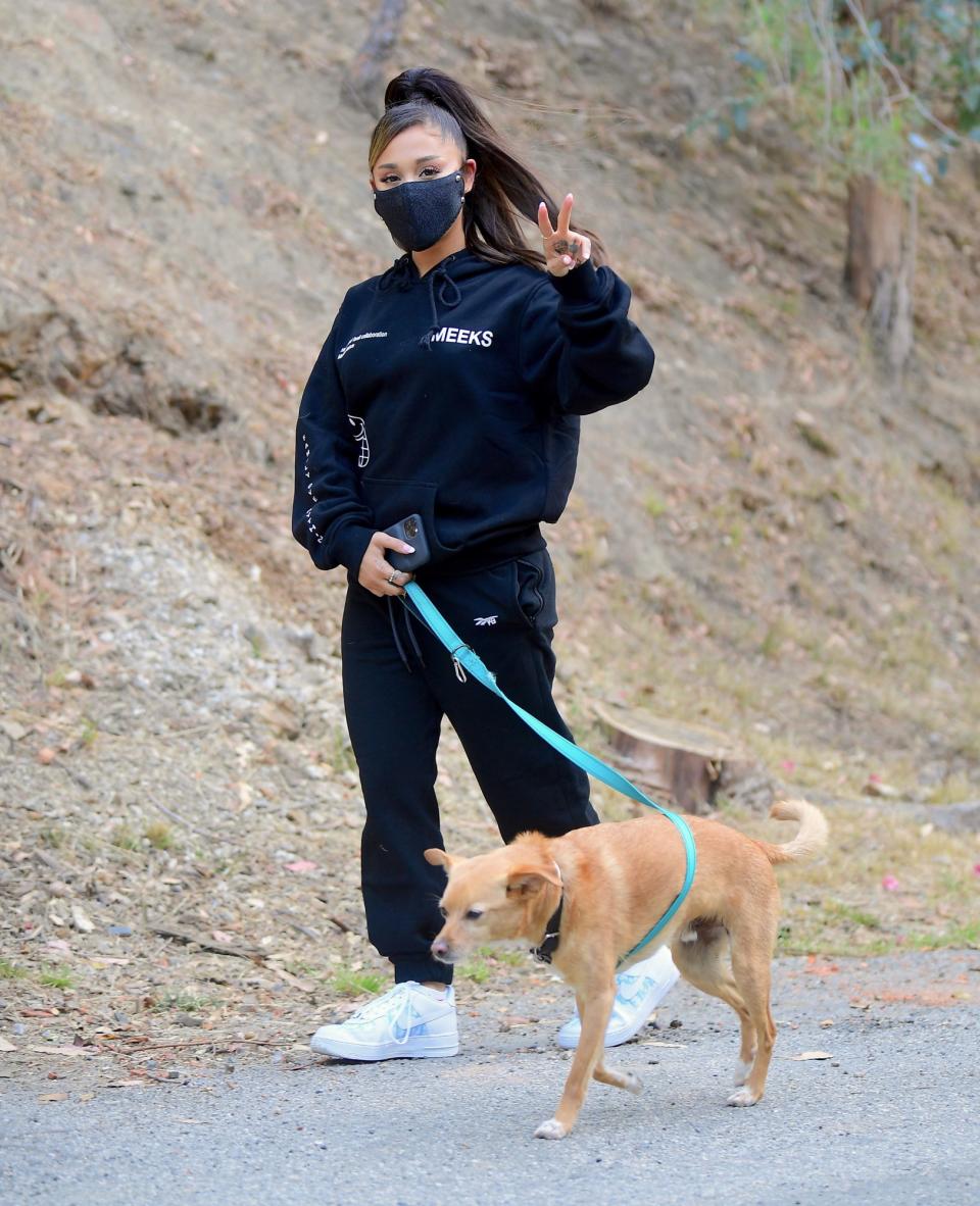 <p>Ariana Grande and her pooch enjoy a hike through her Beverly Hills neighborhood on Saturday. </p>