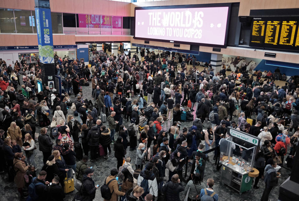 Hundreds of passengers hoping to travel to Glasgow for the Cop26 climate summit by train have been left waiting inside London's Euston station after a fallen tree halted services.Picture date: Sunday October 31, 2021. (Photo by Yui Mok/PA Images via Getty Images)