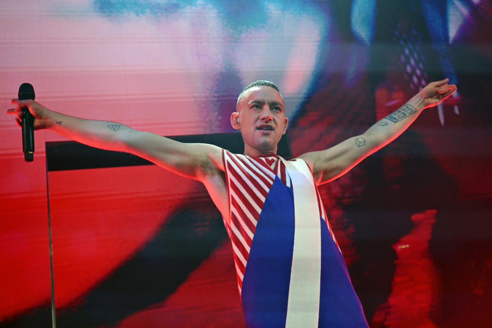 LONDON, ENGLAND - APRIL 07: Olly Alexander onstage during the London Eurovision Party 2024 at Outernet London on April 07, 2024 in London, England. (Photo by Jeff Spicer/Getty Images)