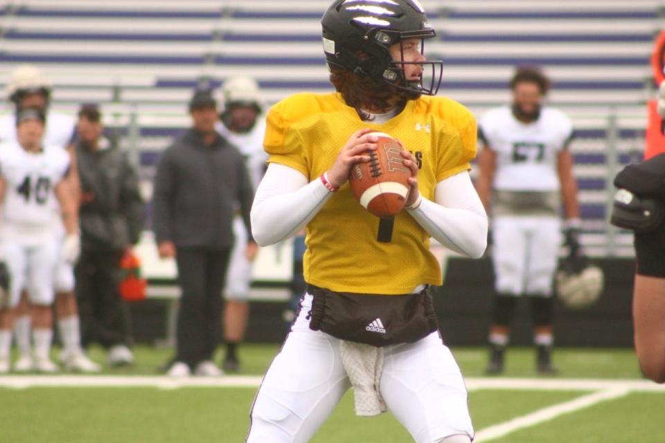 USF quarterback Adam Mullen looks to make a pass during the spring game Saturday at Bob Young Field