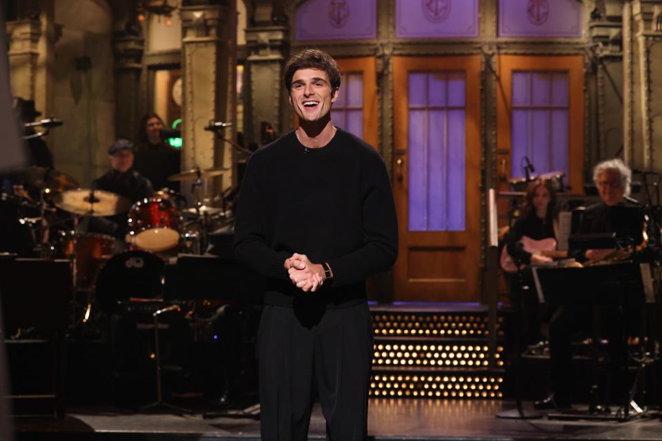 Elordi, in Saint Laurent, during his SNL monologue.