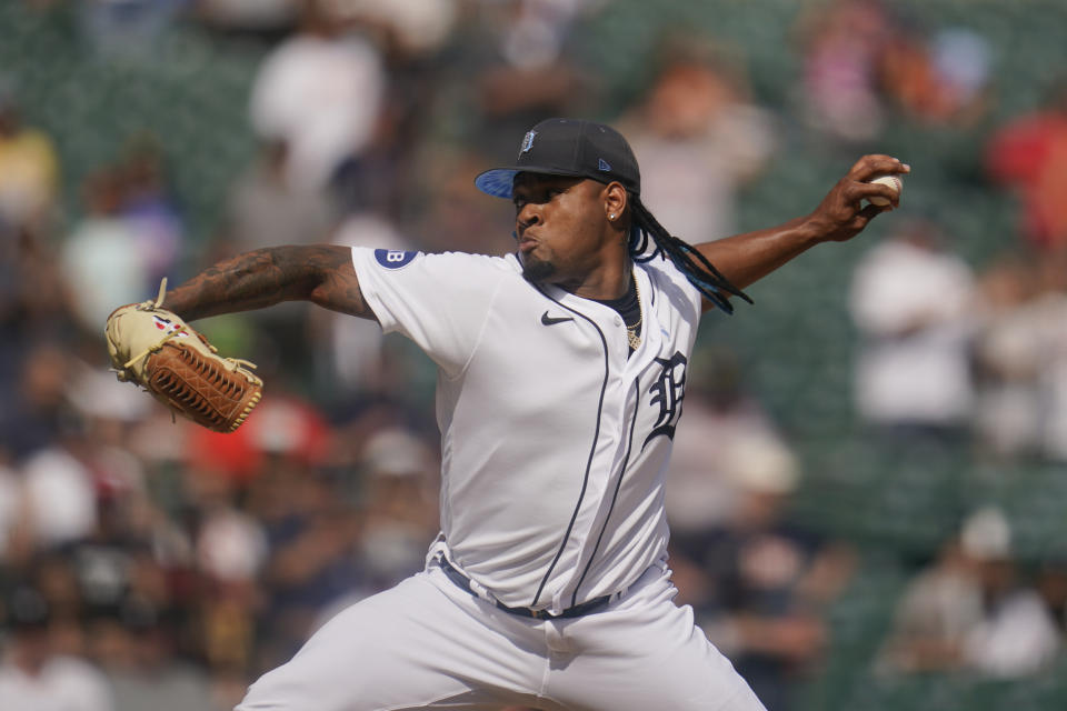 Detroit Tigers pitcher Gregory Soto throws against the Texas Rangers in the ninth inning of a baseball game in Detroit, Sunday, June 19, 2022. (AP Photo/Paul Sancya)