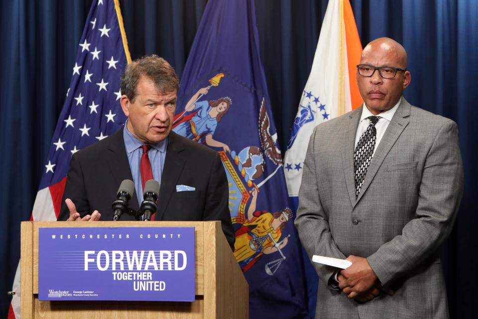 County Executive George Latimer and Terrance Raynor, the acting Commissioner of Public Safety, give an update on the Hutchinson River Parkway deadly crash, March 20, 2023 in White Plains.