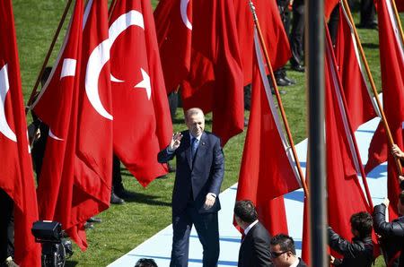 Turkish President Tayyip Erdogan attends a ceremony marking the 102nd anniversary of Battle of Canakkale, also known as the Gallipoli Campaign, in Canakkale, Turkey, March 18, 2017. REUTERS/Osman Orsal