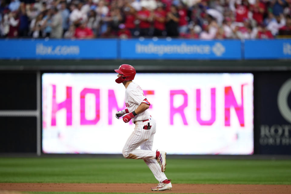 Philadelphia Phillies' Trea Turner rounds the bases after hitting a home run against Los Angeles Angels pitcher Lucas Giolito during the first inning of a baseball game, Monday, Aug. 28, 2023, in Philadelphia. (AP Photo/Matt Slocum)