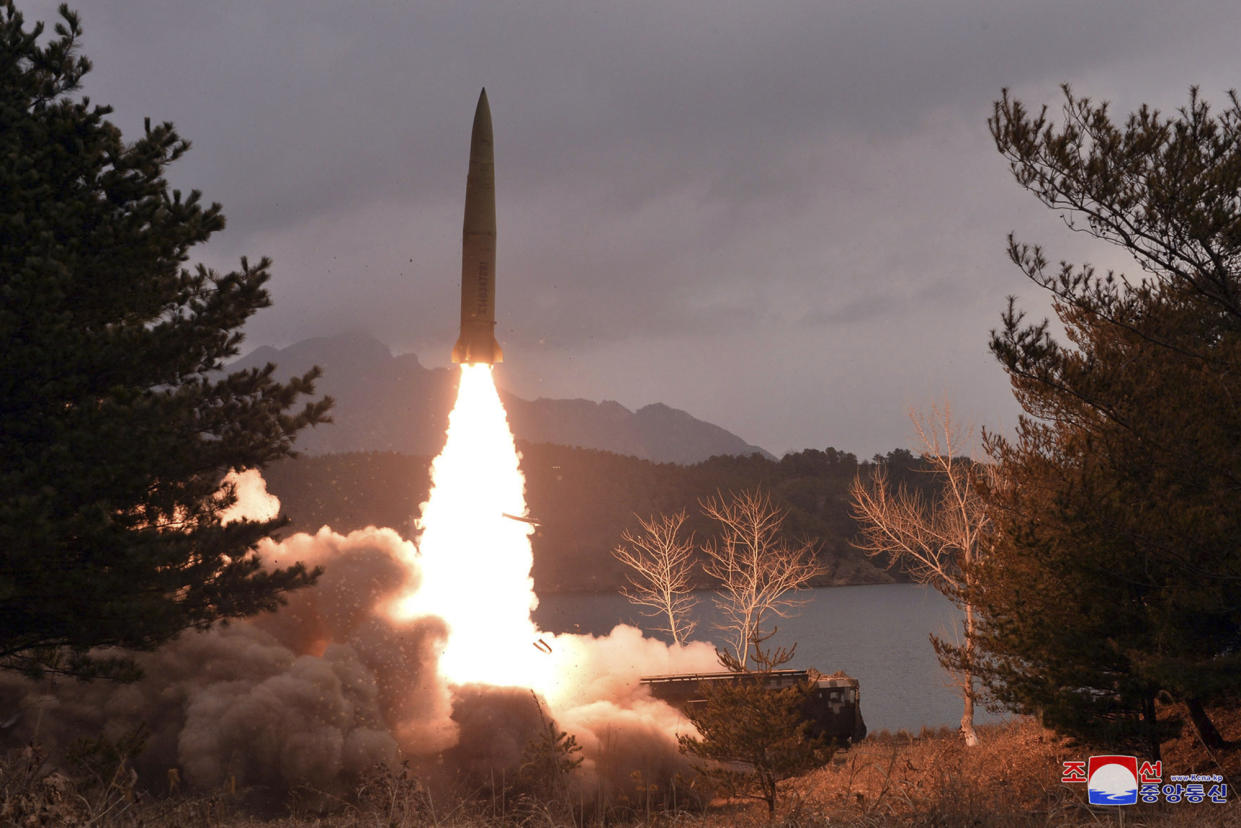 This photo provided by the North Korean government shows what it says is a ballistic missile the country test-fired in North Korea on Tuesday, March 14, 2023. North Korea test-fired at least two short-range ballistic missiles Tuesday from the southwestern coastal town of Jangyon, South Korea’s Joint Chiefs of Staff said in a statement. Independent journalists were not given access to cover the event depicted in this image distributed by the North Korean government. The content of this image is as provided and cannot be independently verified. Korean language watermark on image as provided by source reads: "KCNA" which is the abbreviation for Korean Central News Agency. (Korean Central News Agency/Korea News Service via AP)