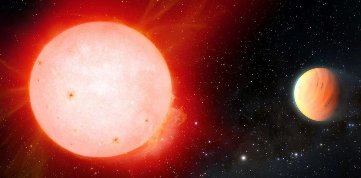 Recreación artística del planeta TOI-3757 b, el exoplaneta menos denso descubierto hasta ahora, orbitando cerca de su estrella enana roja | Kanodia, Shubham, et al. 