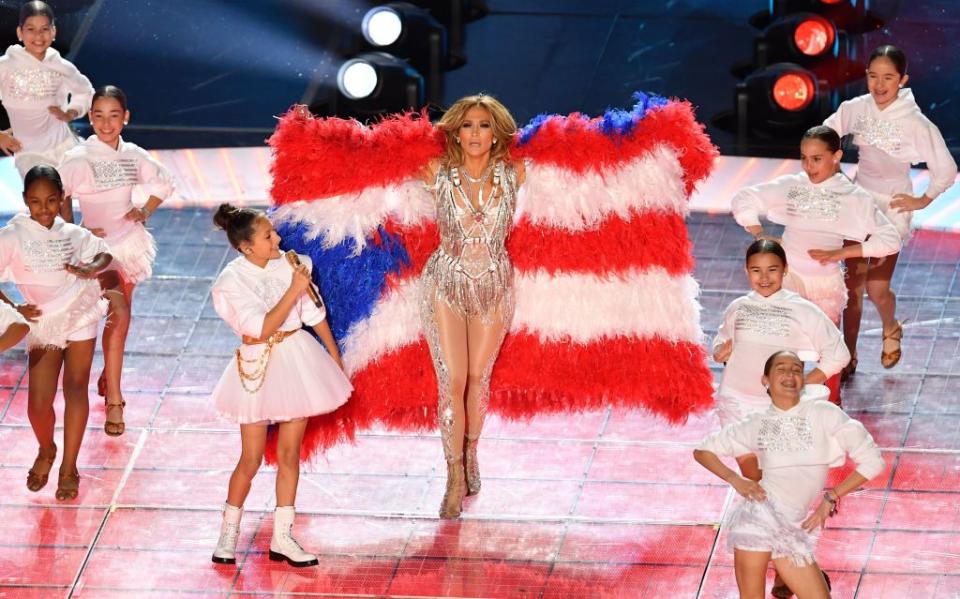 US singer Jennifer Lopez performs during the halftime show of Super Bowl LIV between the Kansas City Chiefs and the San Francisco 49ers at Hard Rock Stadium in Miami Gardens, Florida, on February 2, 2020. | AFP via Getty Images