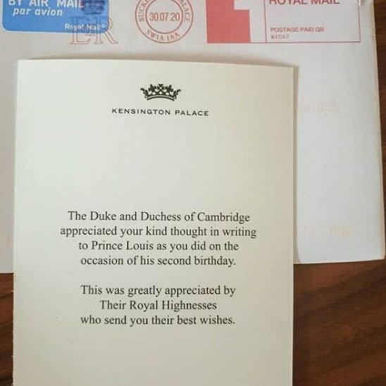 The snap, taken by Kate Middleton was sent to thank people for their well-wishes on the prince's second birthday in April - @katsroyalletters