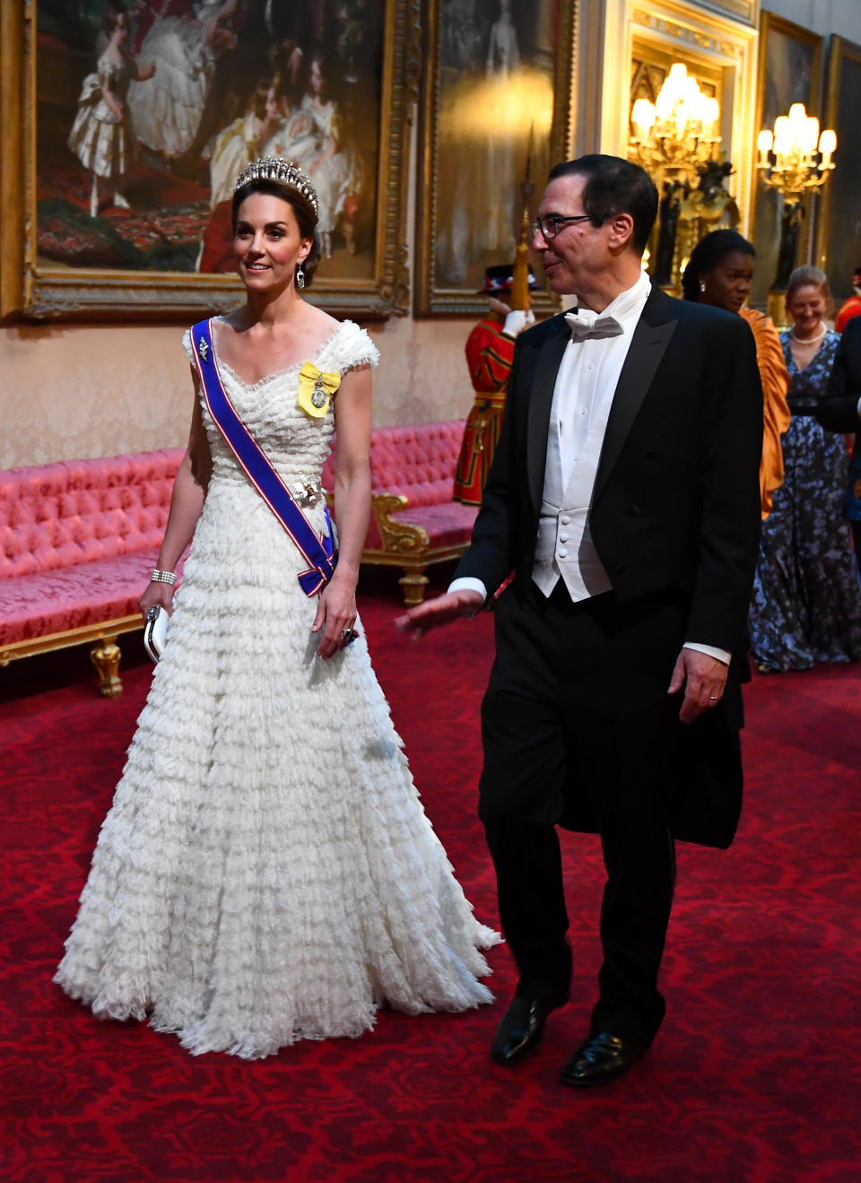 The duchess and U.S. Treasury Secretary Steven Mnuchin at the East Gallery for a state banquet at Buckingham Palace on June 3.