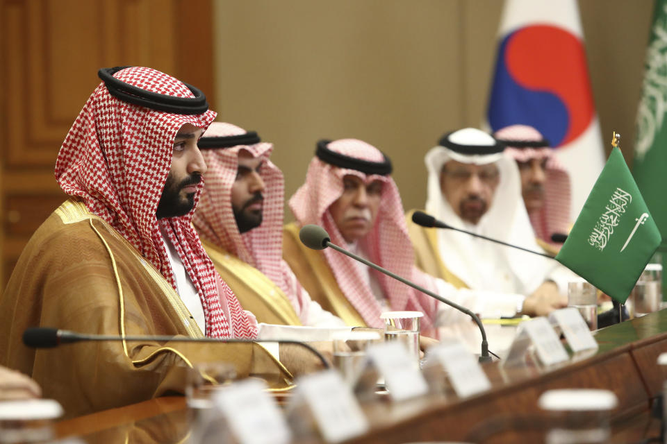 Saudi Crown Prince Mohammed bin Salman, left, speaks with South Korean President Moon Jae-in, not pictured, at the presidential Blue House, Wednesday, June 26, 2019, in Seoul, South Korea. Bin Salman is visiting South Korea for two days - the first time by an heir to the throne of Saudi Arabia since 1998. (Chung Sung-Jun/Pool Photo via AP)