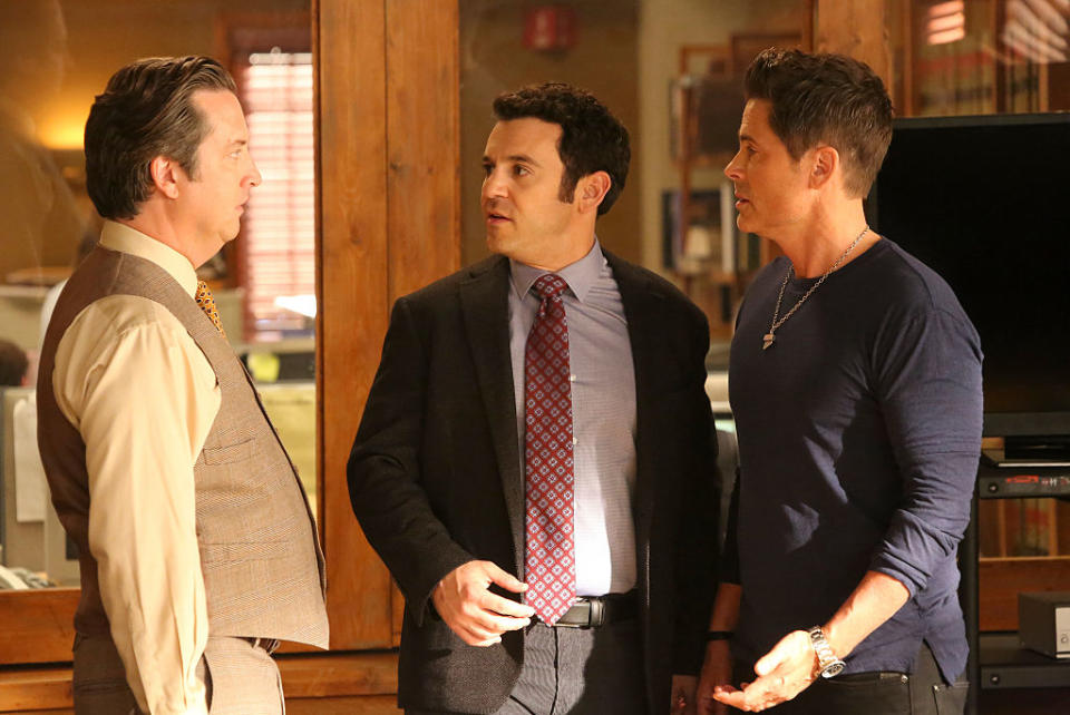 From left, Steve Little, Fred Savage, and Rob Lowe star in the final episode of <em>The Grinder</em>. (Photo: Fox via Getty Images)