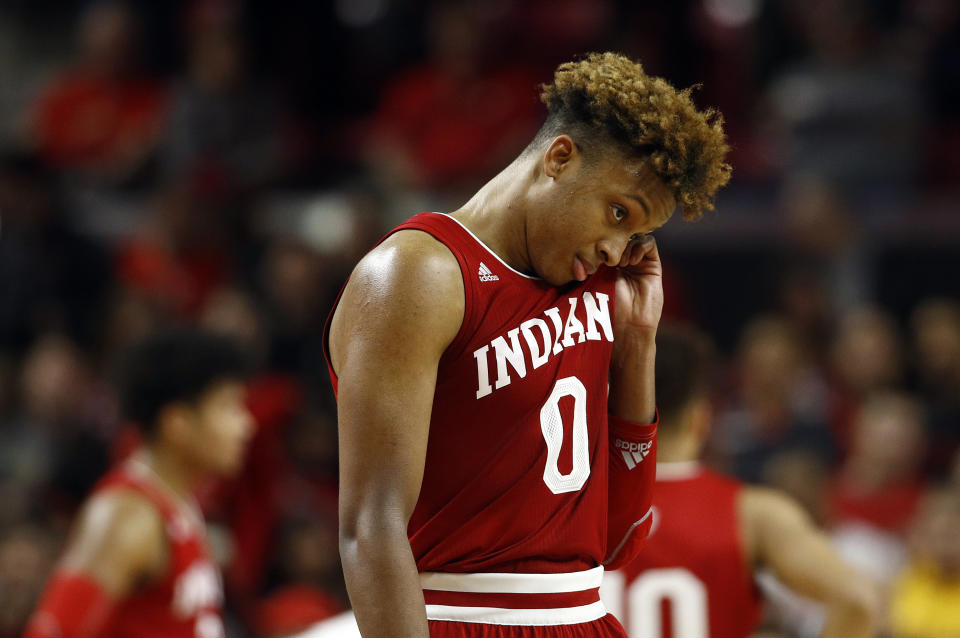 Indiana guard Romeo Langford wipes his face in the final moments of the team's NCAA college basketball game against Maryland, Friday, Jan. 11, 2019, in College Park, Md. Maryland won 78-75, despite a game-high 28 points from Langford. (AP Photo/Patrick Semansky)