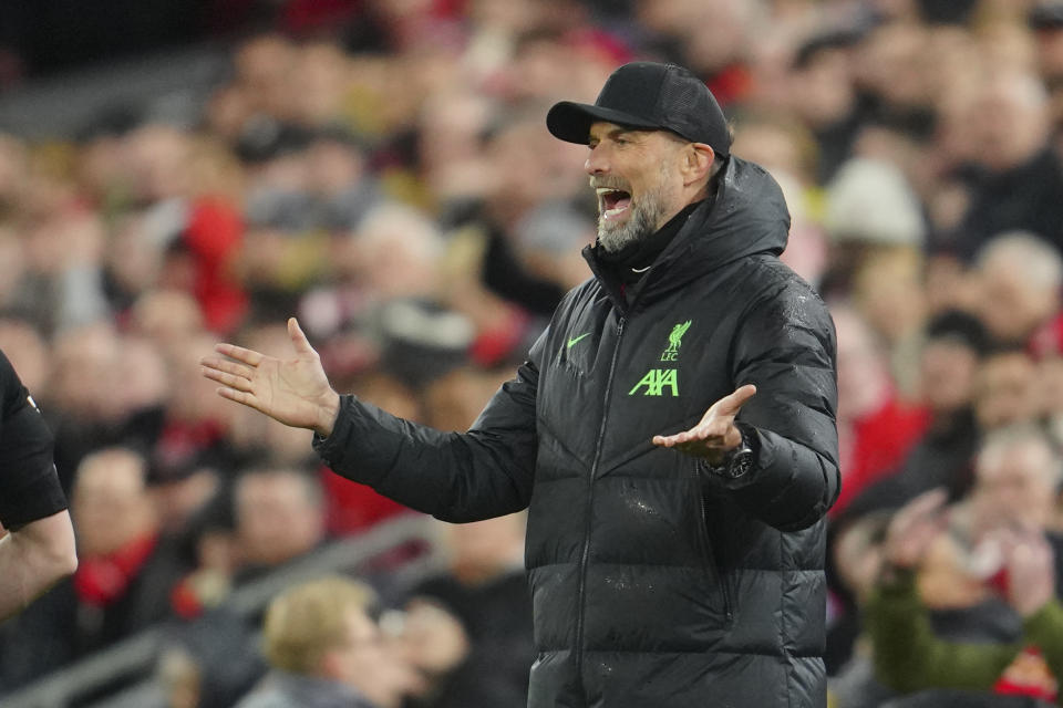 Liverpool's manager Jurgen Klopp shouts during the English Premier League soccer match between Liverpool and Luton Town, at Anfield stadium in Liverpool, England, Wednesday, Feb. 21, 2024. (AP Photo/Jon Super)