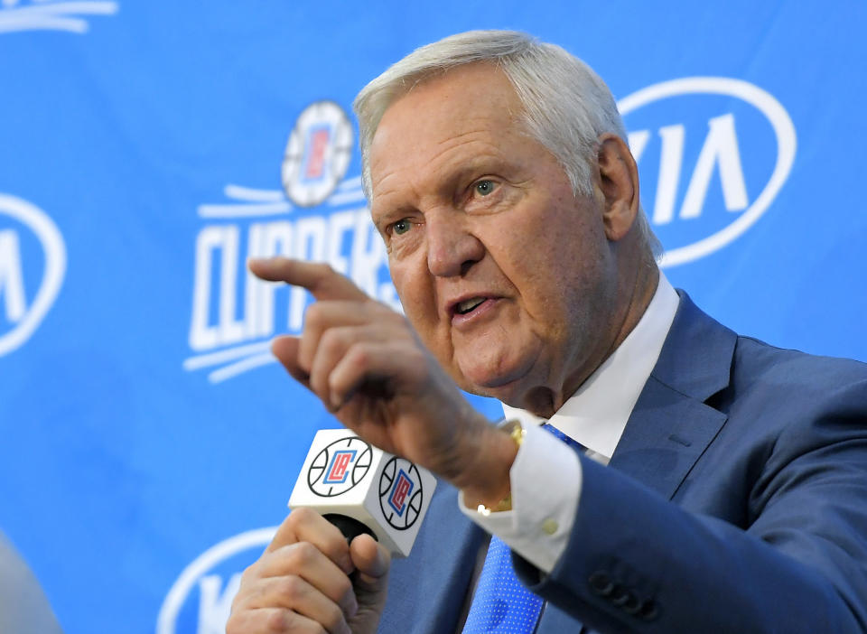 FILE - Jerry West speaks during a news conference to introduce him as an advisor to the Los Angeles Clippers, in Los Angeles, June 19, 2017. Jerry West, who was selected to the Basketball Hall of Fame three times in a storied career as a player and executive and whose silhouette is considered to be the basis of the NBA logo, died Wednesday morning, June 12, 2024, the Los Angeles Clippers announced. He was 86.(AP Photo/Mark J. Terrill, File)