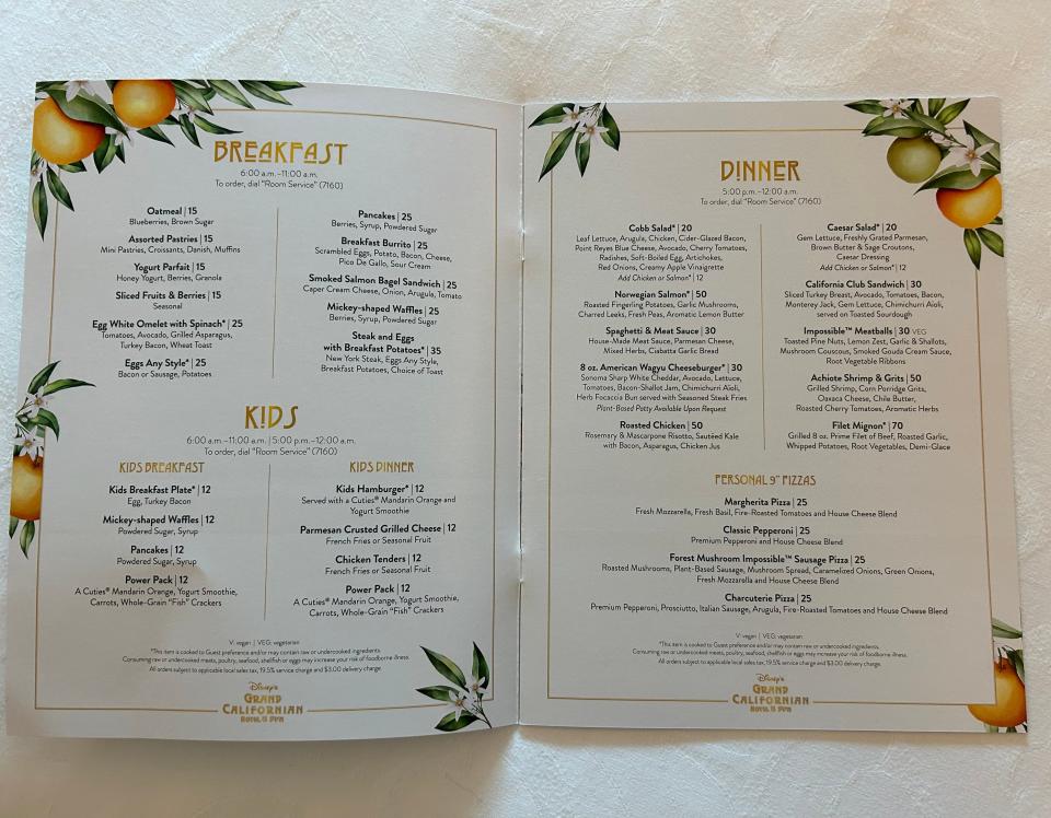 The menu for room service at Disney's Grand Californian Resort.
