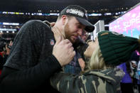 <p>Rick Lovato #45 of the Philadelphia Eagles celebrates with girlfriend Jordan Britt after defeating the New England Patriots 41-33 in Super Bowl LII at U.S. Bank Stadium on February 4, 2018 in Minneapolis, Minnesota. (Photo by Patrick Smith/Getty Images) </p>