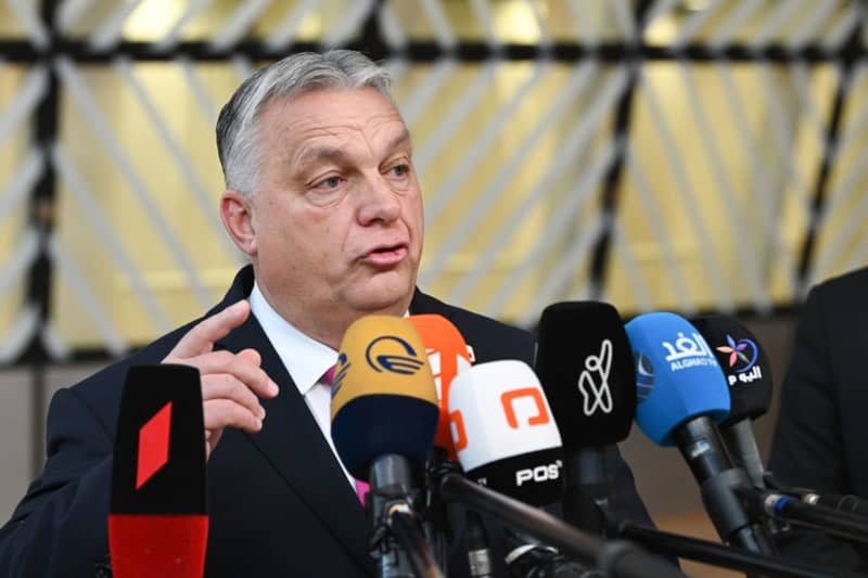 Prime Minister of Hungary, Viktor Orban, speaks to media ahead of an EU Summit. Orban said he has sent a letter inviting his Swedish counterpart, Ulf Kristersson, to discuss Sweden's NATO membership bid. -/EU COUNCIL/dpa