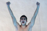 <b>German Sanchez Sanchez - Mexico - Men's Synchronized - Diving </b> <br> Ivan Garcia Navarro of Mexico reacts as he competes with his diving partner German Sanchez Sanchez in the Men's Synchronised 10m Platform Diving on Day 3 of the London 2012 Olympic Games at the Aquatics Centre on July 30, 2012 in London, England. (Photo by Adam Pretty/Getty Images)