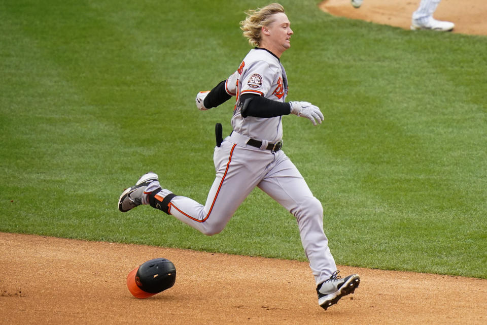 Baltimore Orioles' Kyle Stowers runs to second base for a double during the fifth inning of a baseball game against the New York Yankees, Sunday, Oct. 2, 2022, in New York. (AP Photo/Frank Franklin II)