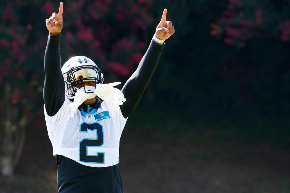 Carolina Panthers wide receiver DJ Moore (2) motions to fans during the teams training camp practice at Wofford College in Spartanburg, S.C., Thursday, July 28, 2022.