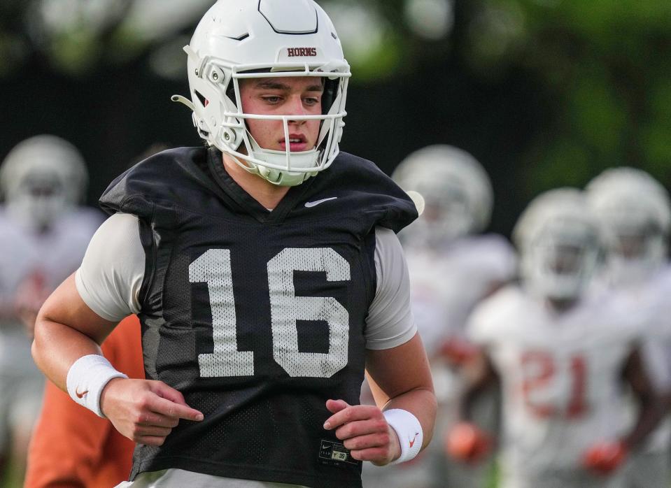 Texas Longhorns quarter backs Arch Manning during spring practice at the Frank Denius practice fields in Austin, Tuesday, March 19, 2024.