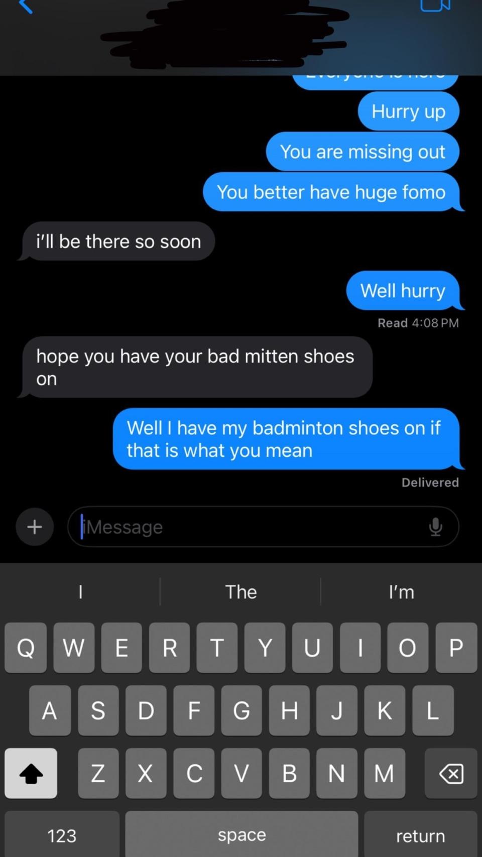 Screenshot of a humorous text conversation where "bad mitten" is mistakenly used instead of "badminton."