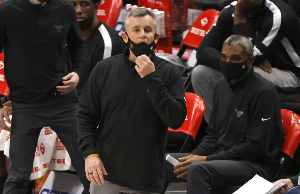 Chicago Bulls head coach Billy Donovan looks on as the Bulls play the Dallas Mavericks during the second half of an NBA basketball game, Sunday, Jan. 17, 2021, in Dallas. The Bulls won 117-101. (AP Photo/Ron Jenkins)