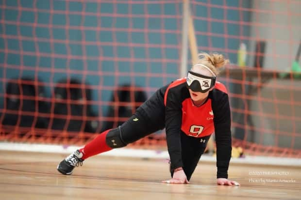 Brieann Baldock in action at the Vancouver Goalball Grand Slam.  (Manto Artworks - image credit)