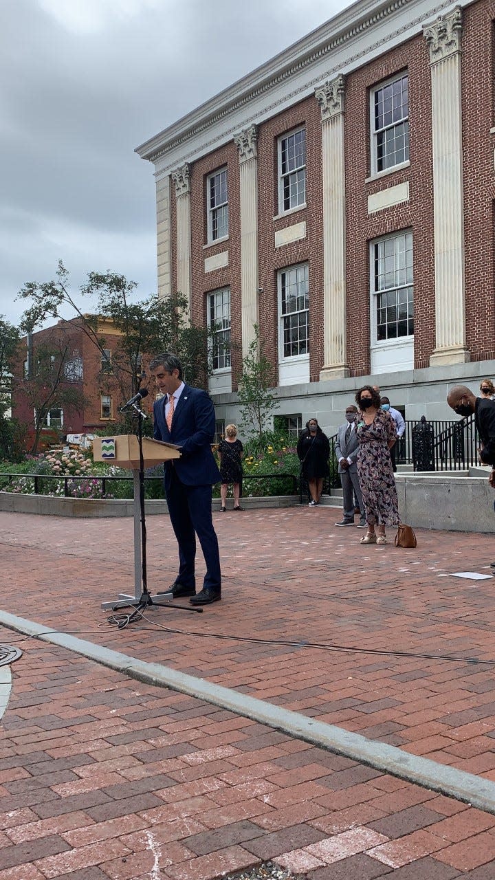 Mayor Miro Weinberger declares racism a public health emergency during a news conference in front of City Hall. July 16, 2020.