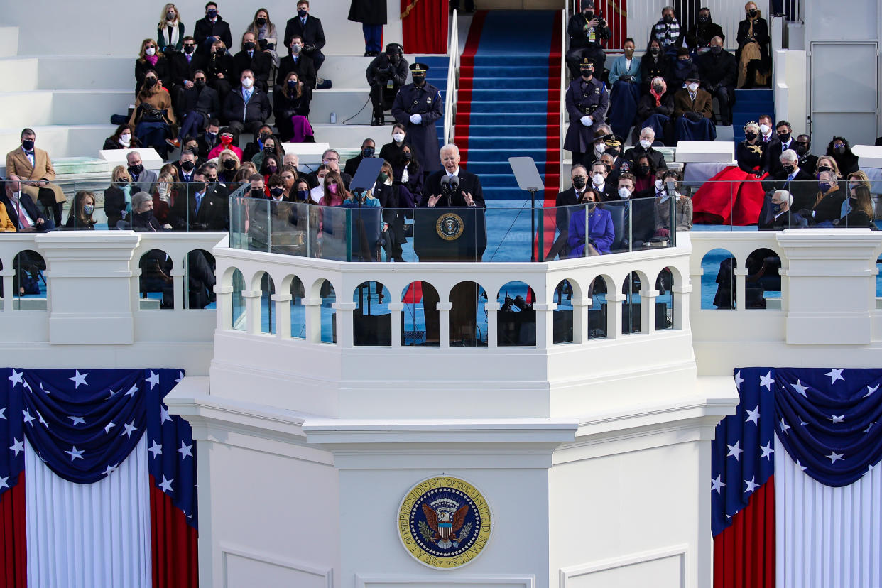U.S. President Joe Biden delivers his inaugural address on the West Front of the U.S. Capitol. (Rob Carr/Getty Images)