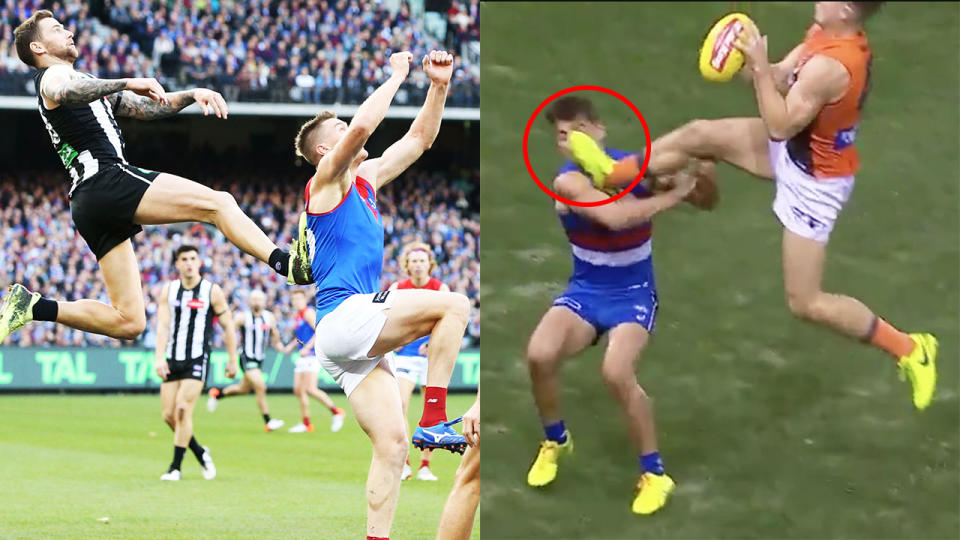 Marking attempts from Jeremy Howe and Toby Green, pictured left and right, have prompted fierce debate in AFL circles. 