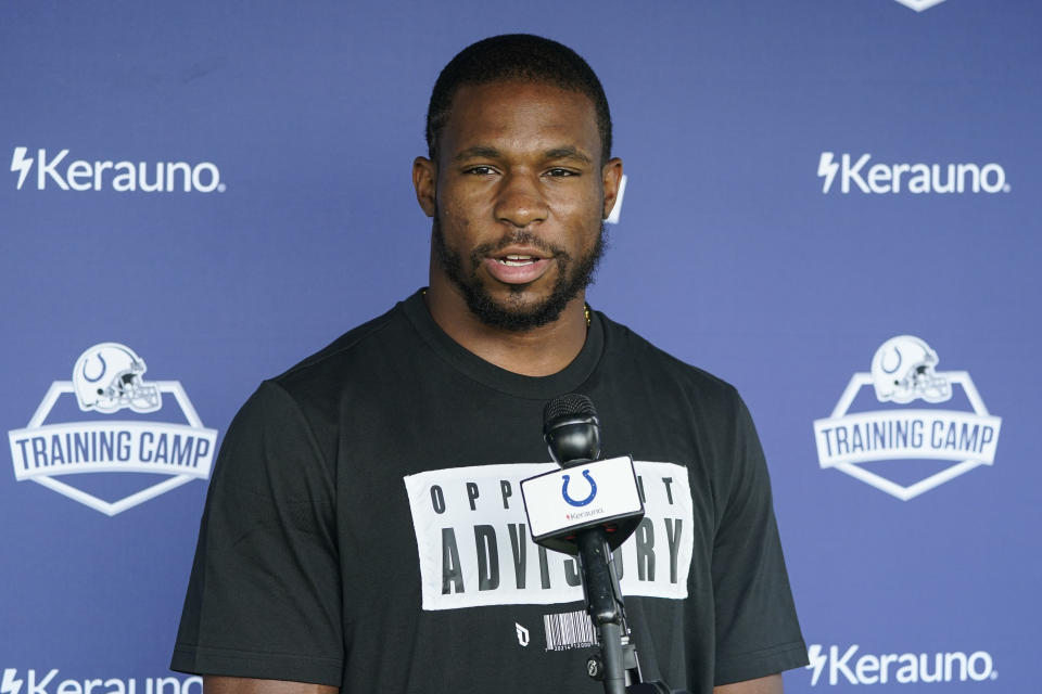 Indianapolis Colts running back Nyheim Hines speaks to the media as the players reported to the NFL team's football training camp in Westfield, Ind., Tuesday, July 27, 2021. Practice open on Wednesday. (AP Photo/Michael Conroy)