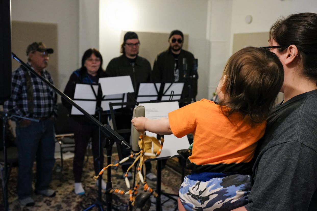  The Hän Singers singing in the Dawson City Music Festival Association's recording studio.  