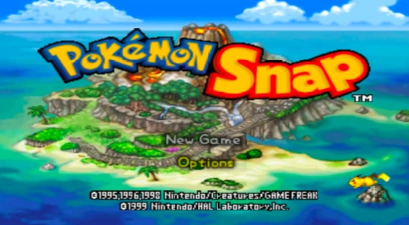 Opening image for Pokemon Snap, featuring a large and colorful island