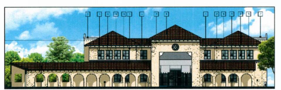 Rendering shows the facade of Carrollton School’s proposed new two-story elementary school for boys on the site now occupied by Villa Woodbine in Coconut Grove. The estate’s original house would be restored and used for staff offices and records storage.