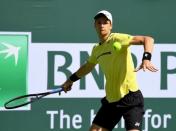 Mar 15, 2019; Indian Wells, CA, USA; Hubert Hurkacz (POL) during his semi final match against Roger Federer (not pictured) in the BNP Paribas Open at the Indian Wells Tennis Garden. Mandatory Credit: Jayne Kamin-Oncea-USA TODAY Sports