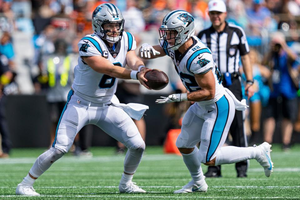 QB Baker Mayfield (6) and RB Christian McCaffrey are among the biggest names currently on the Panthers roster.