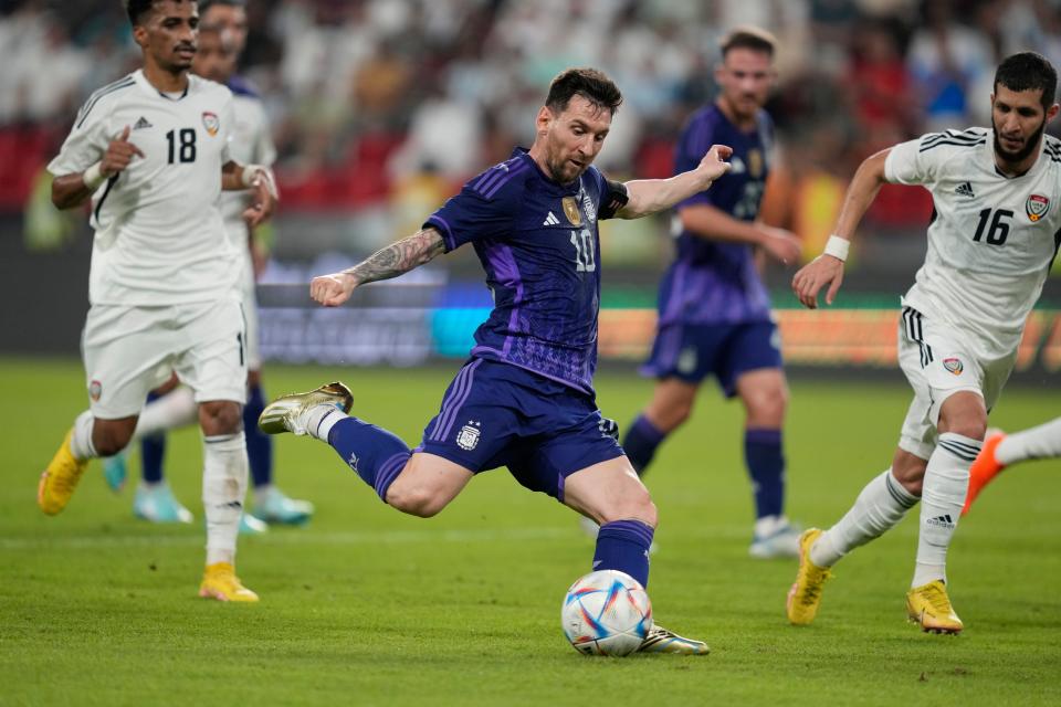 Argentina's Lionel Messi scores during a friendly soccer match against the United Arab Emirates on Wednesday. Argentina, a two-time World Cup champion, and seven-time World Player of the Year Messi are among the favorites for the tournament in Qatar.